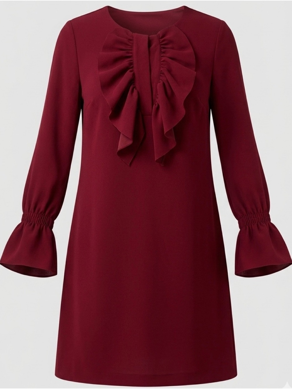 Marisa & Marie Burgundy Ruffle Neck Dress Made in Italy Long Sleeve Shift Size M